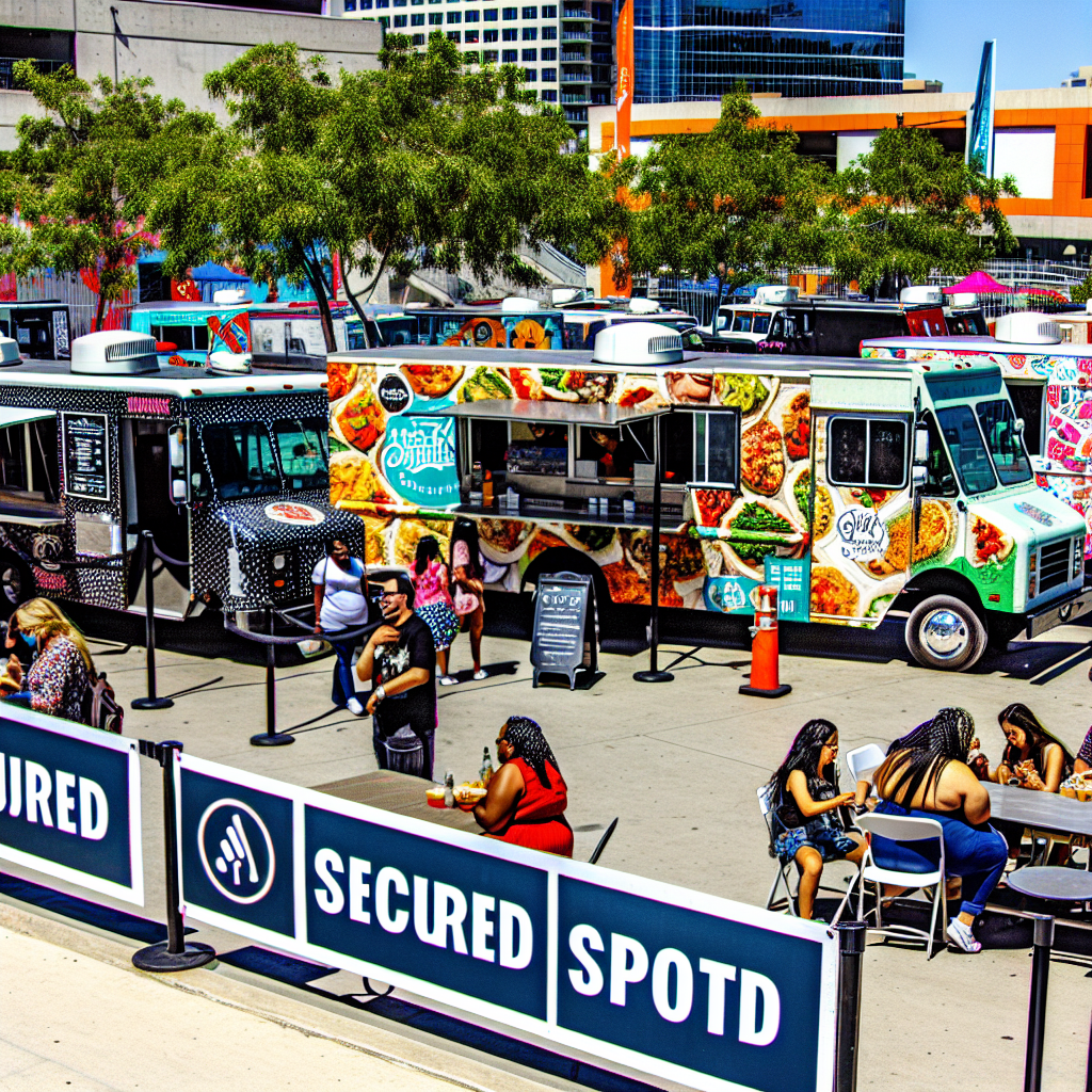 Illustration of a busy food truck area showcasing secured parking spaces