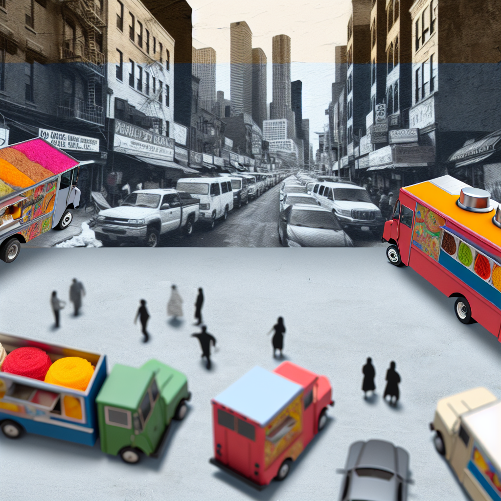 Crowded cityscape with food trucks
