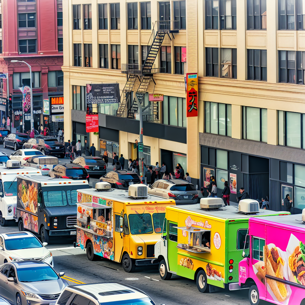 Crowded cityscape with food trucks