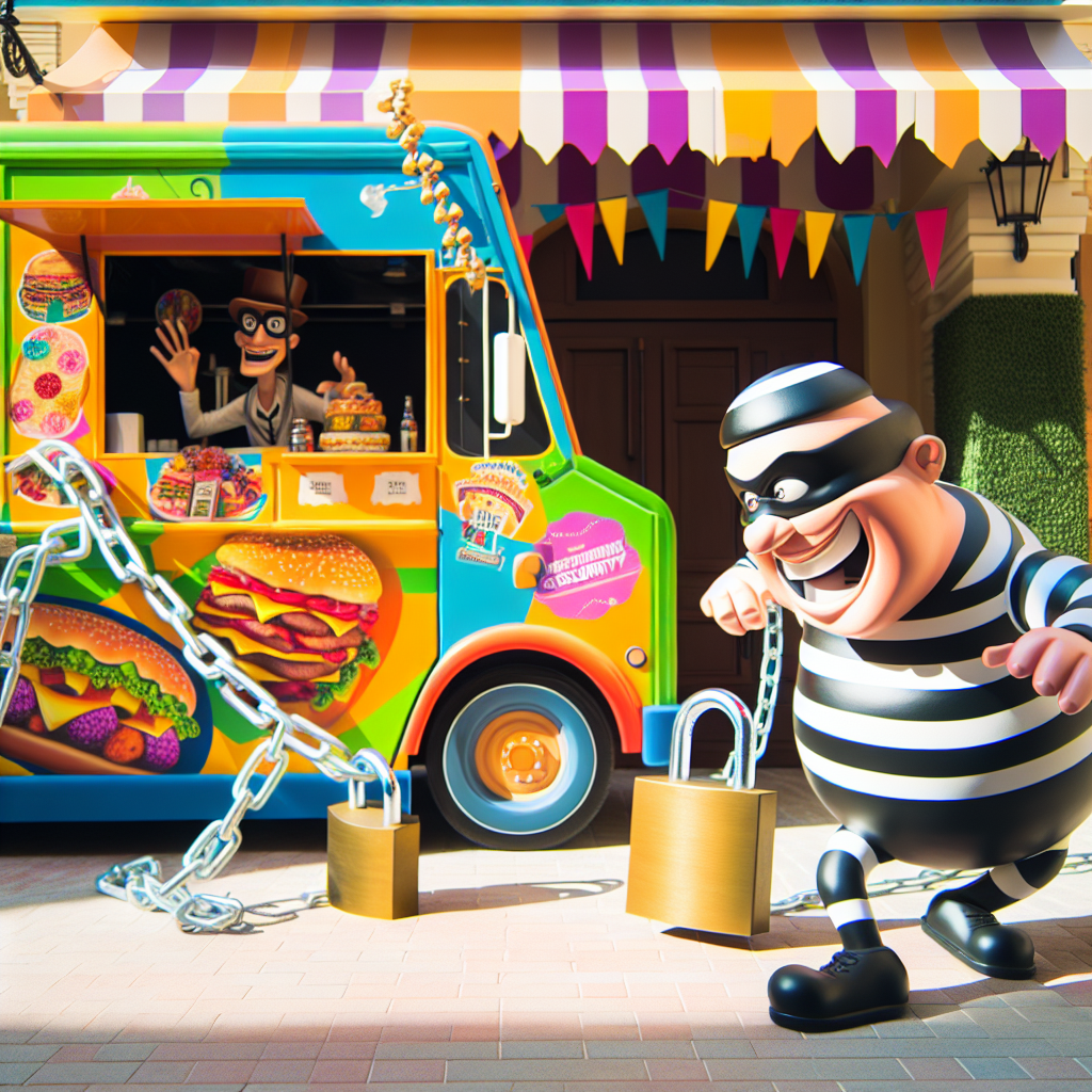 A humorous illustration of a food truck with oversized locks and a cartoonish thief stealing food items, which highlights the absurdity of food truck thefts.