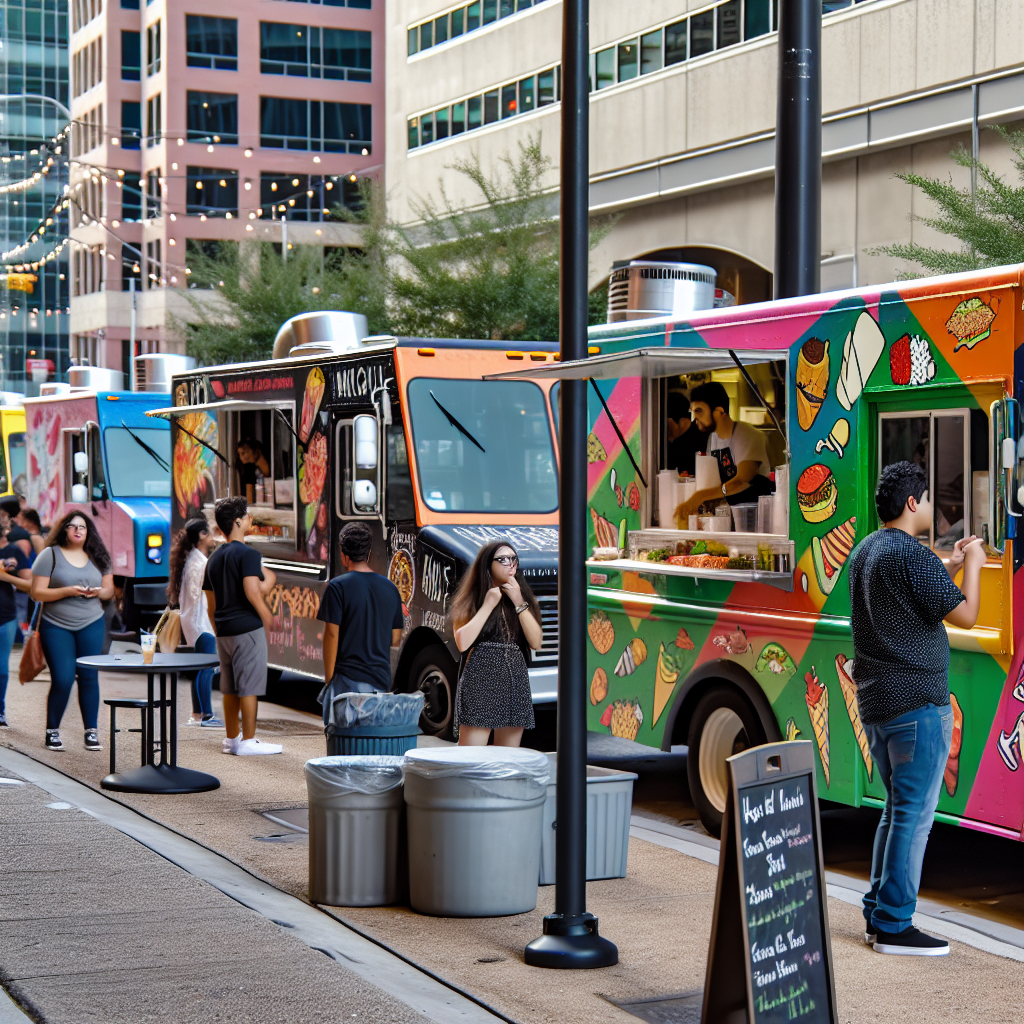 Diverse food trucks parked at a busy city street