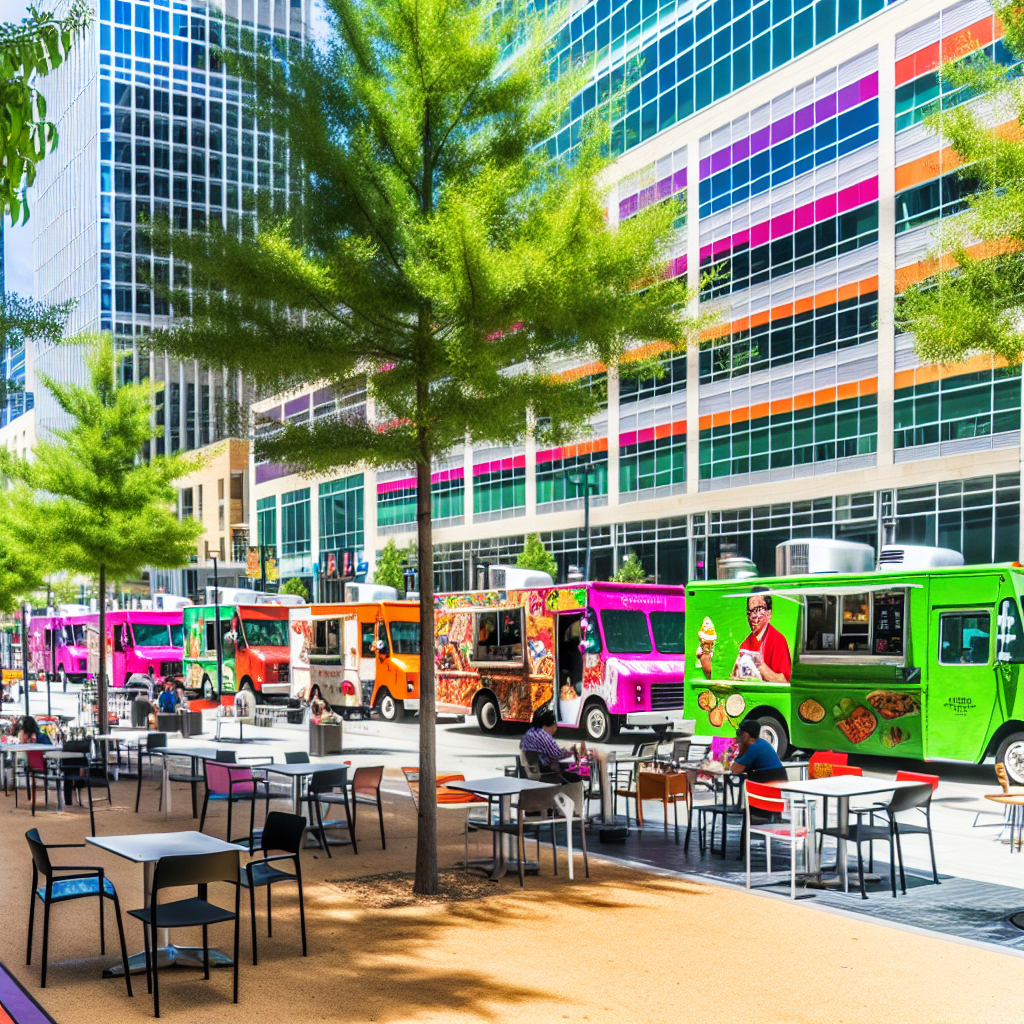Vibrant food truck scene in an urban setting