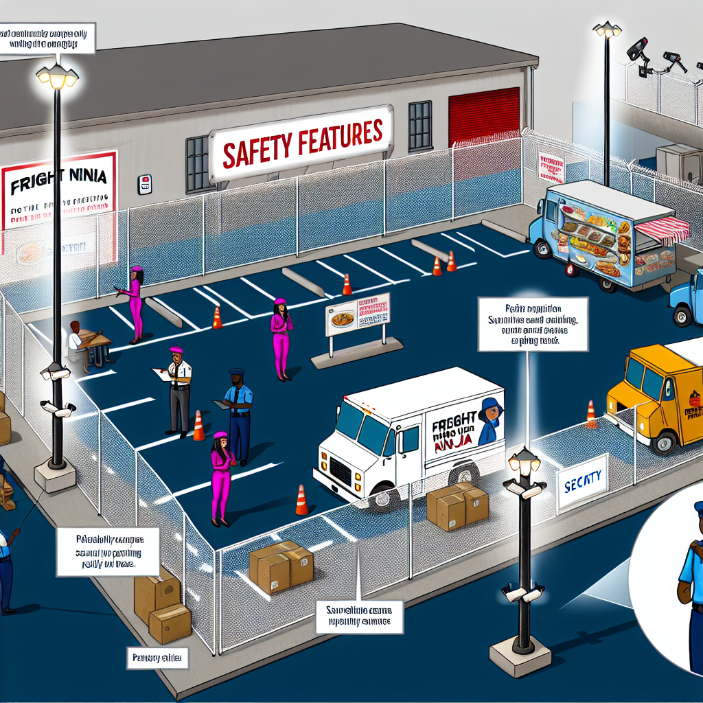 Illustration of safety features including surveillance cameras and security personnel for Freight Ninja
