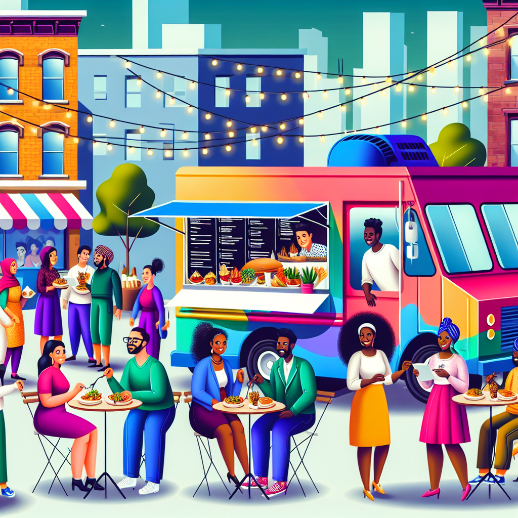 A food truck engaged in business on a busy street, illustrating the vibrant atmosphere of food truck culture.