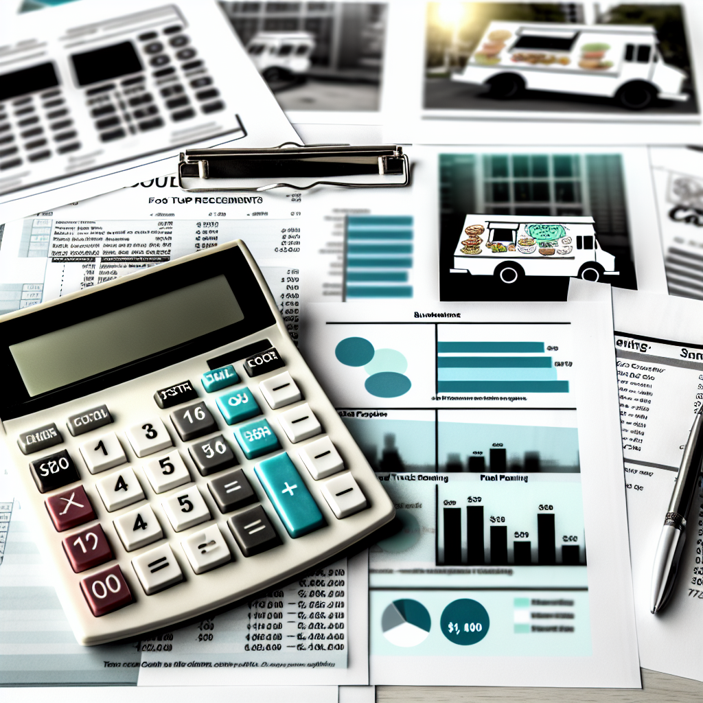 A simple visual representation of a calculator surrounded by various financial documents illustrating financial management in food truck ownership.