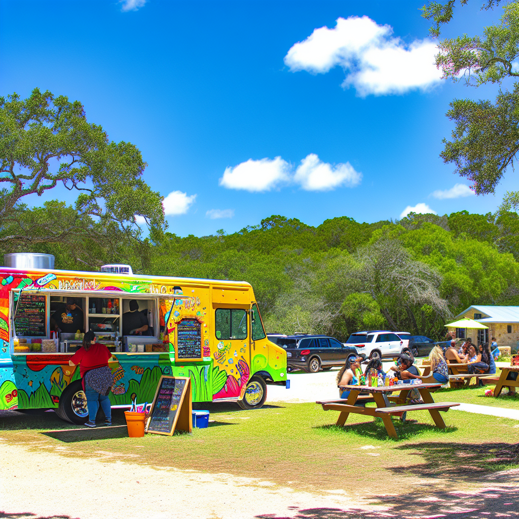 A food truck parked in a picturesque scenic location, showcasing a sunny day and greenery, with elements that represent the joy and community aspect of food truck ownership.
