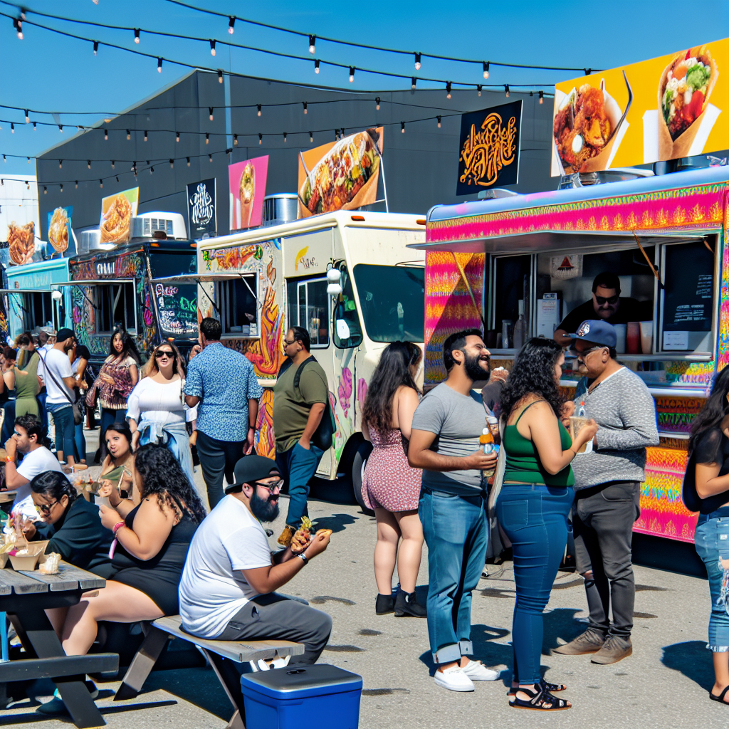Food trucks parked together at a bustling street festival