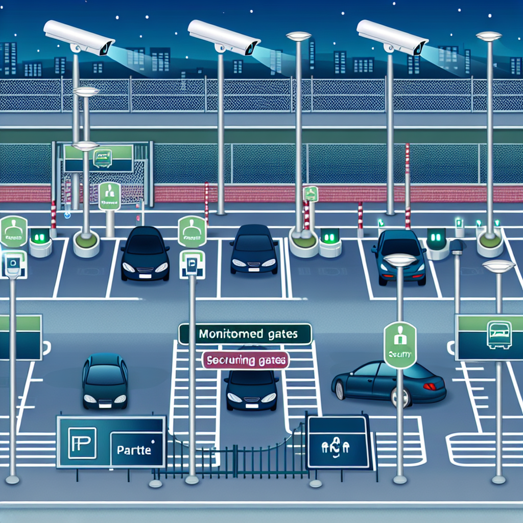 Secure parking features including monitored gates and camera systems