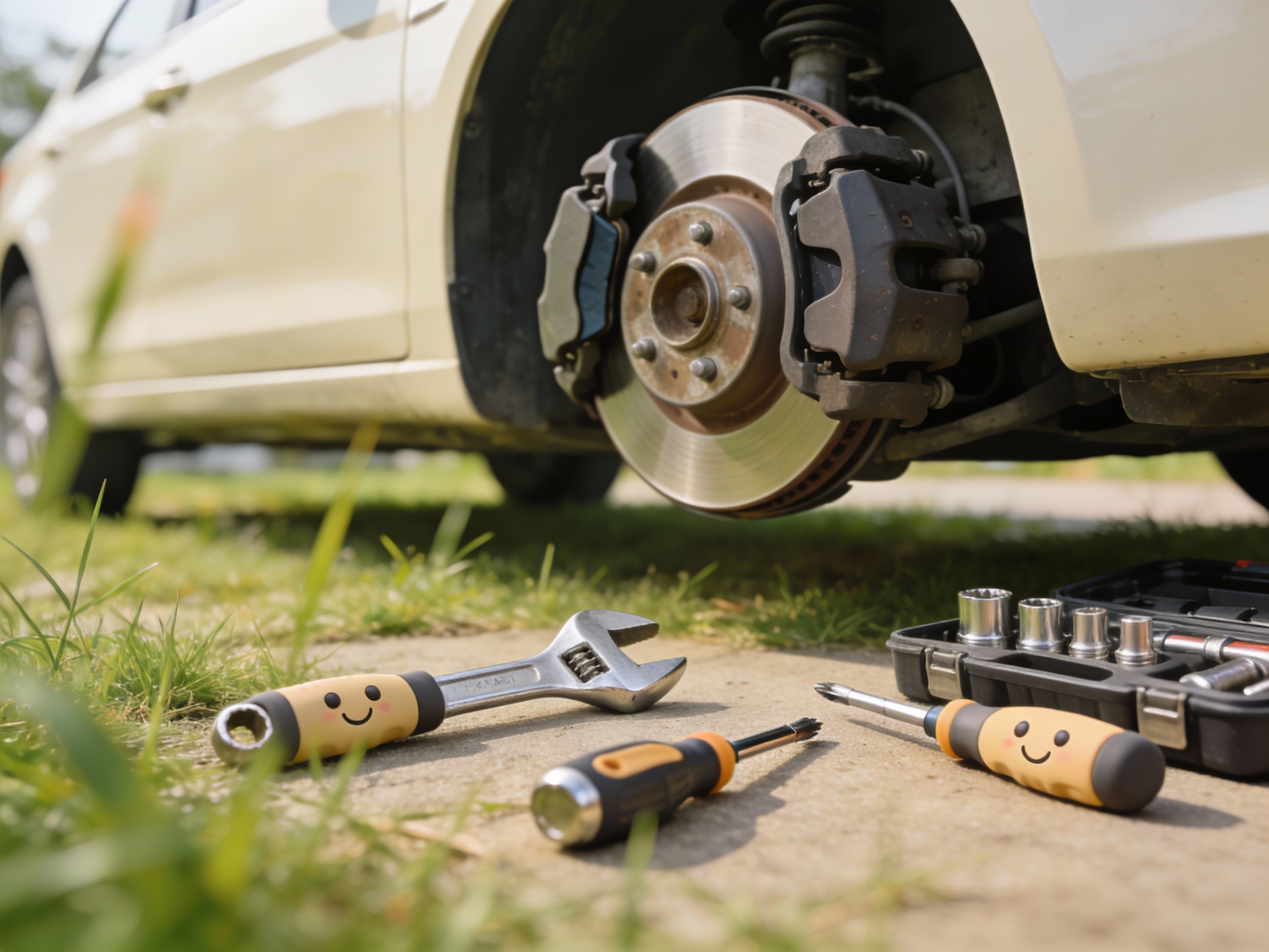 A car with visible brake components and DIY tools around it.