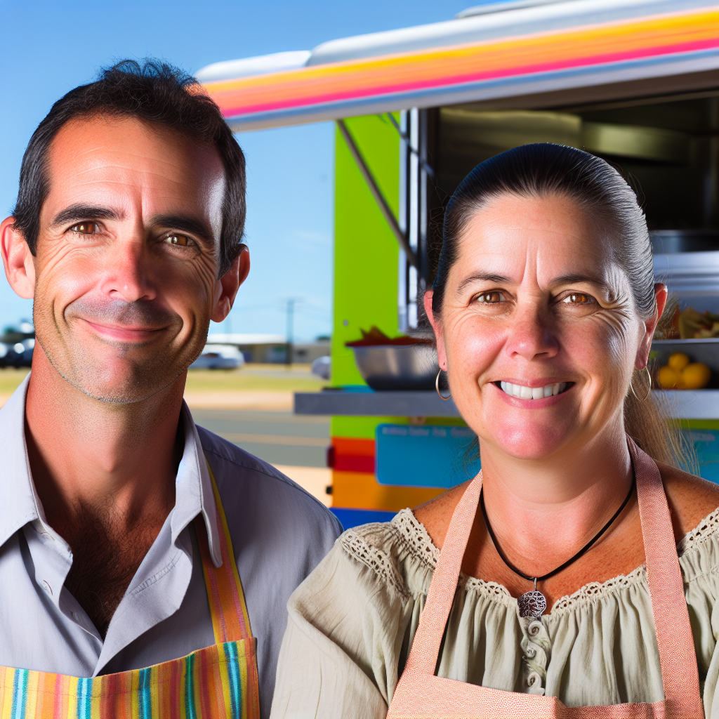 A portrait-style image of Wes and Laura Oberman, capturing their warmth and dedication, set against a backdrop of a food truck operation.
