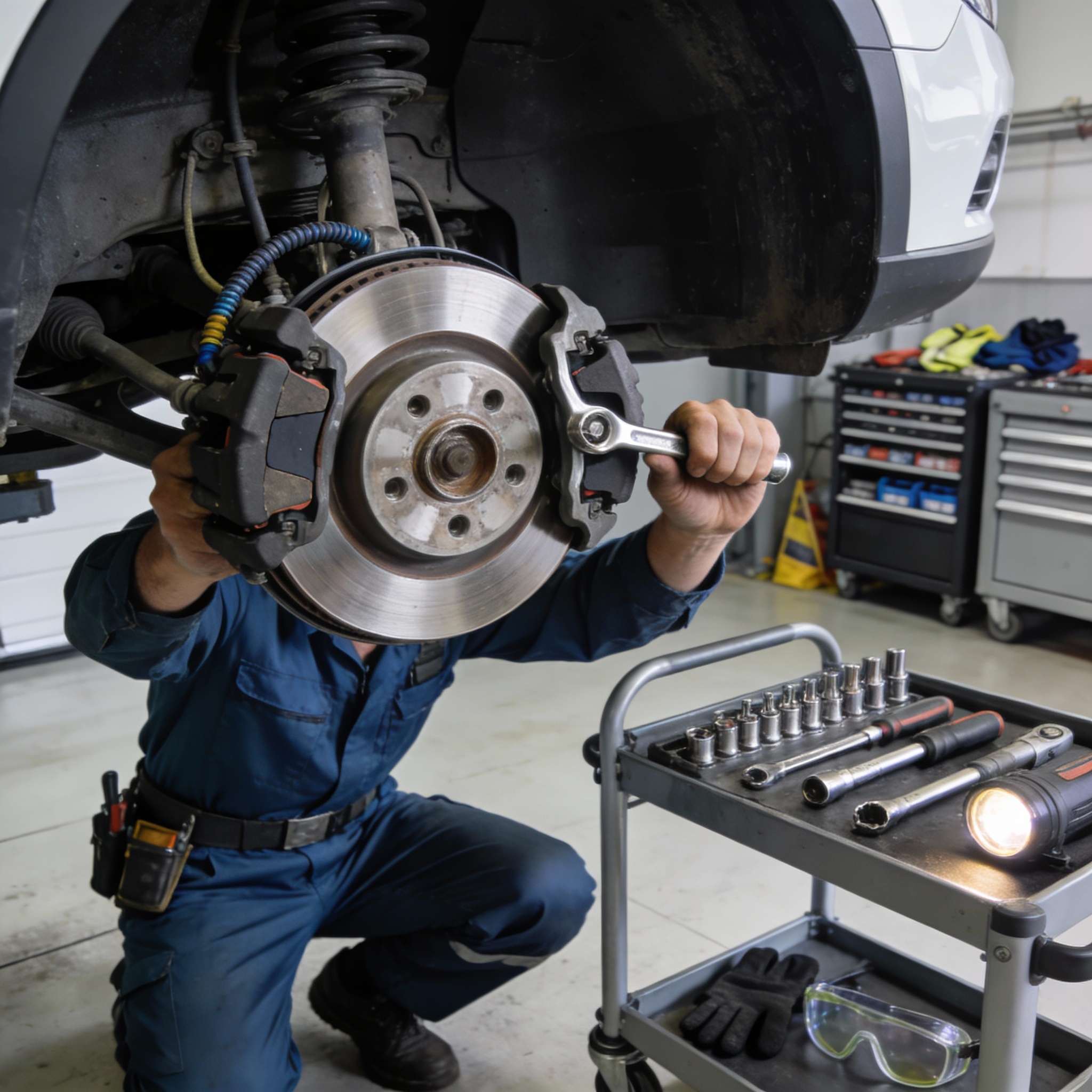 A mechanic working on a car's brake system.