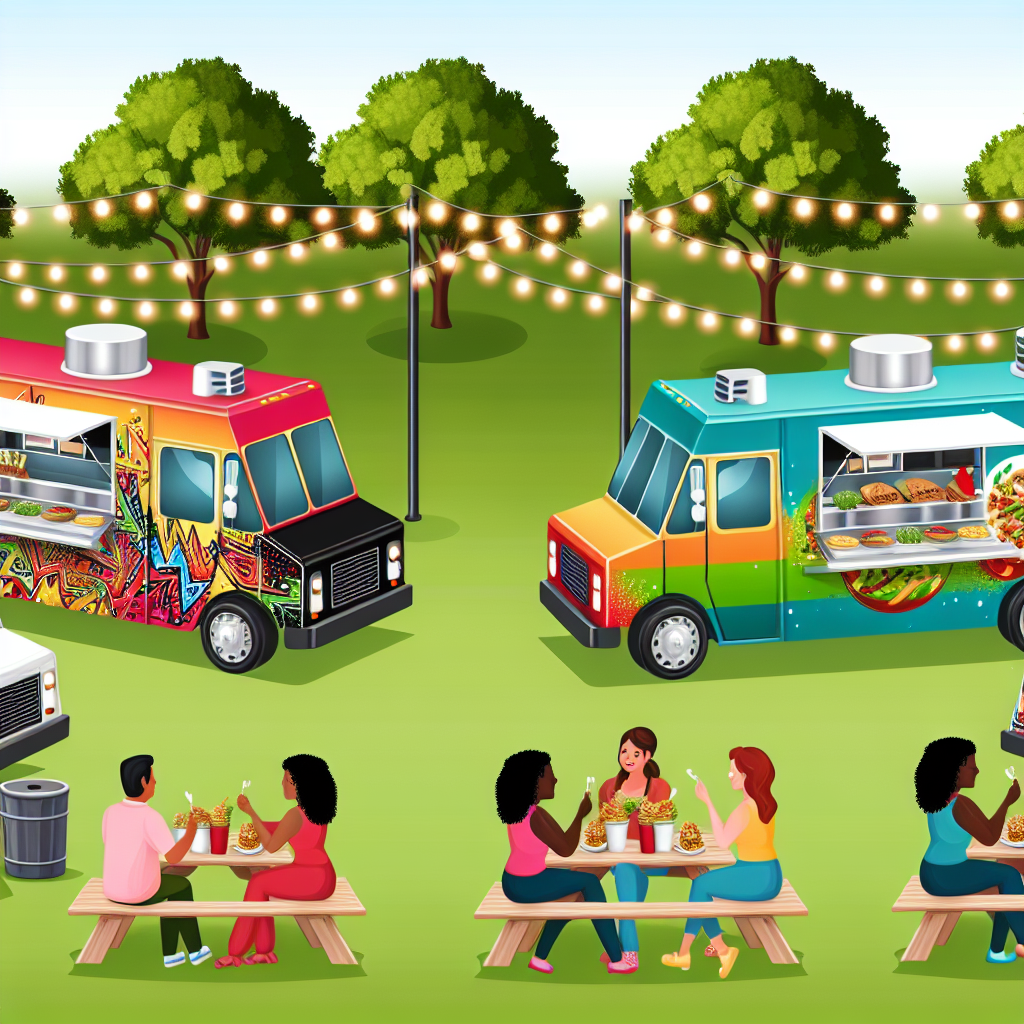Oberman Logistics fleet of food trucks in action, showcasing unique and vibrant designs at an outdoor event with happy customers.