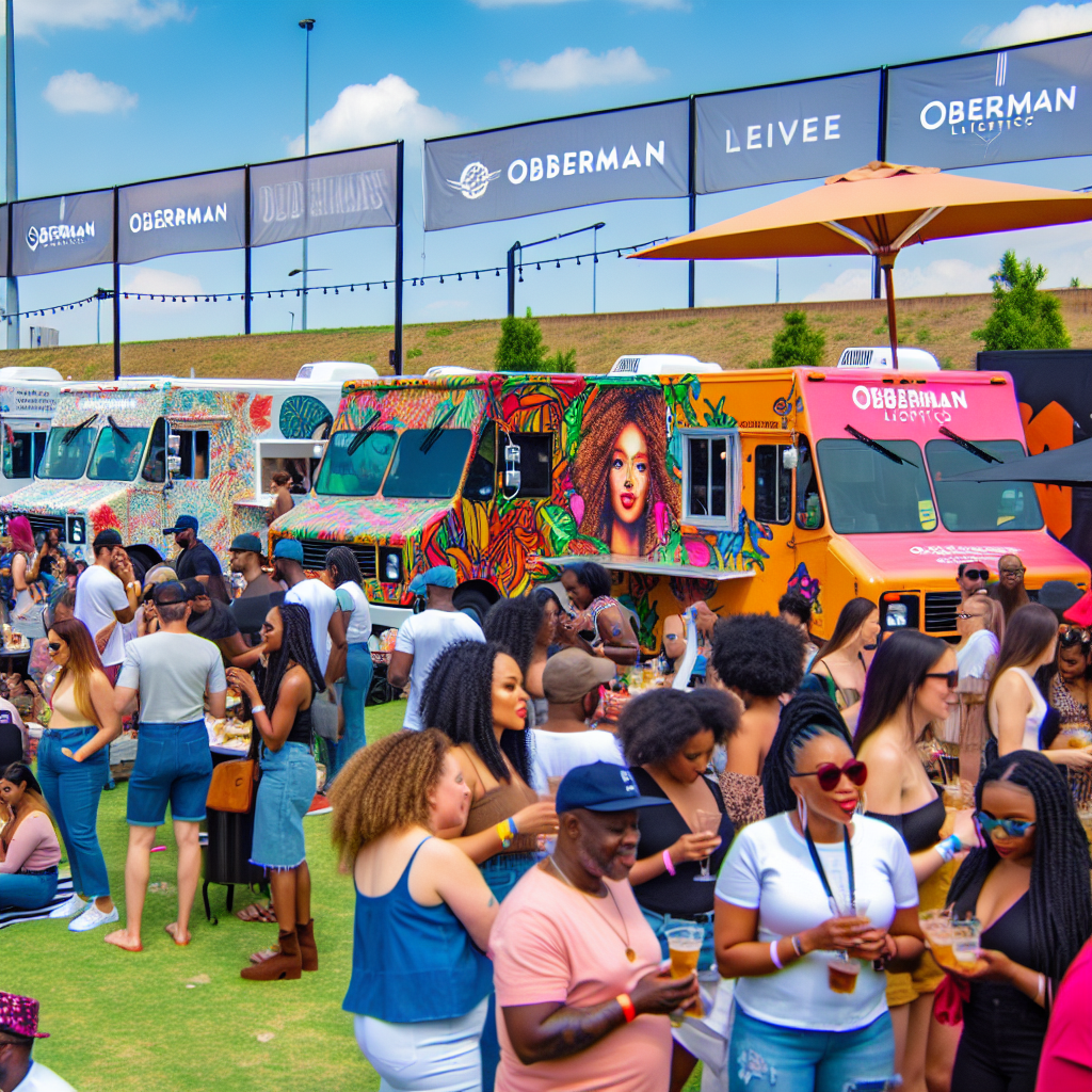 Oberman Logistics fleet of food trucks in action, showcasing unique and vibrant designs at an outdoor event with happy customers.