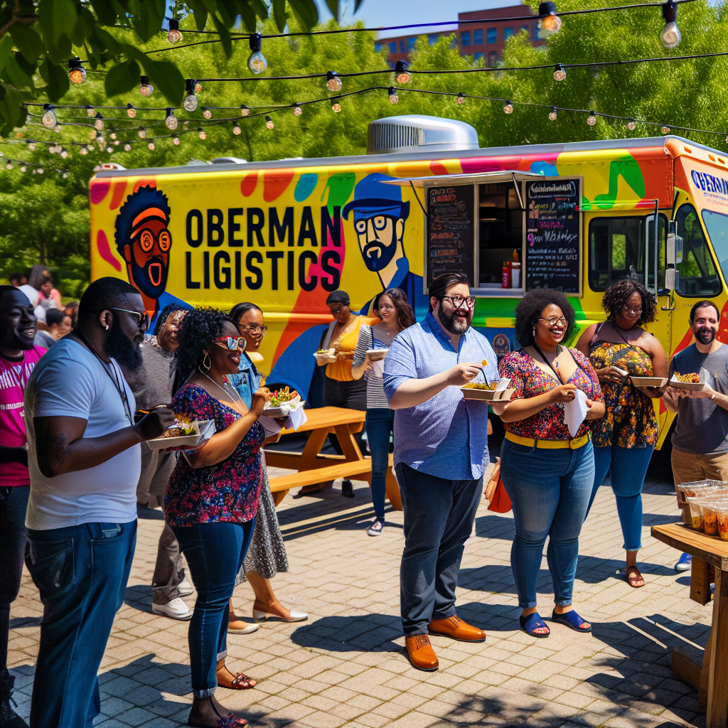 A vibrant outdoor scene of food being served from an Oberman Logistics truck with happy customers.