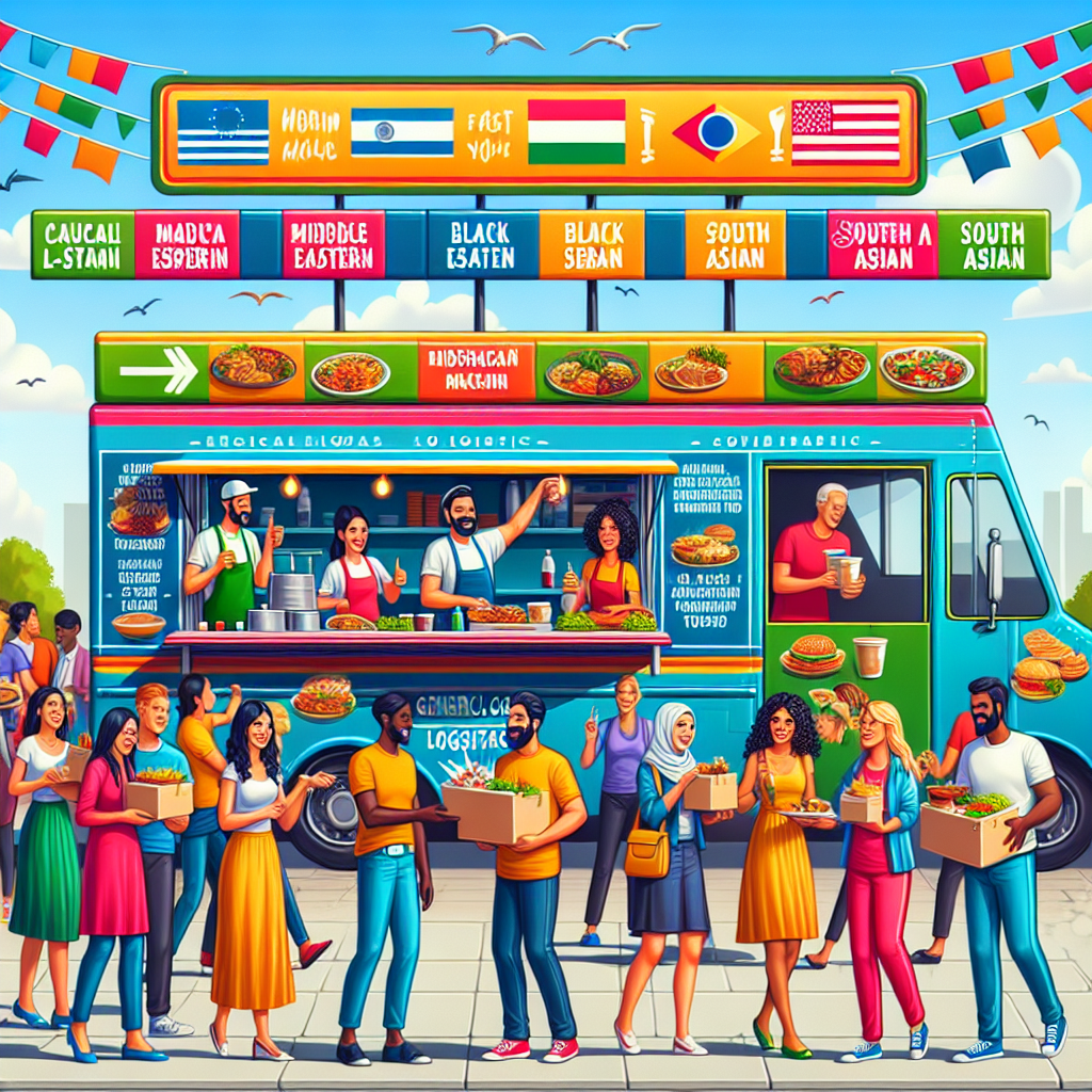 A vibrant outdoor scene of food being served from an Oberman Logistics truck with happy customers.