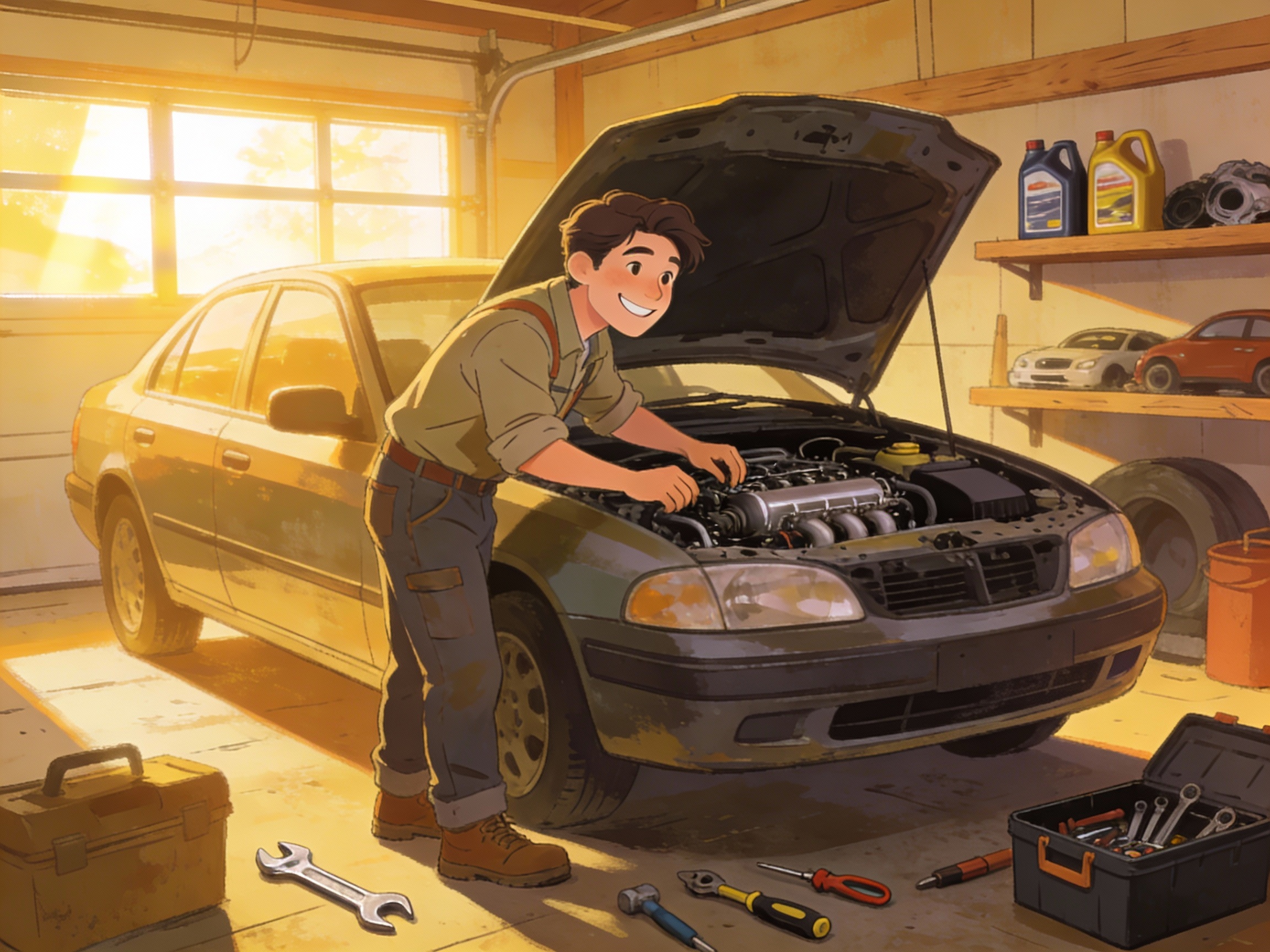 Person working on their car, showing satisfaction and accomplishment