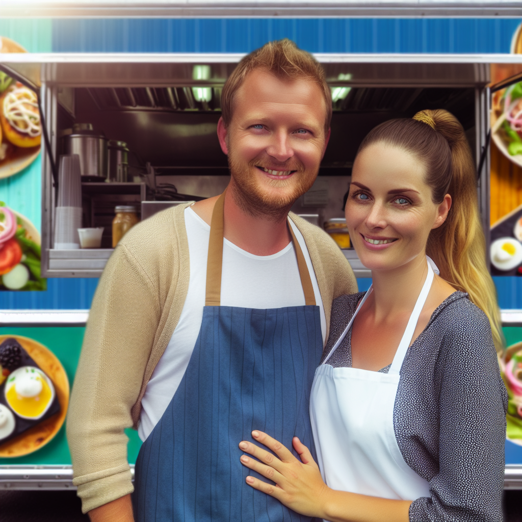 A portrait-style image of Wes and Laura Oberman, capturing their warmth and dedication, set against a backdrop of a food truck operation.
