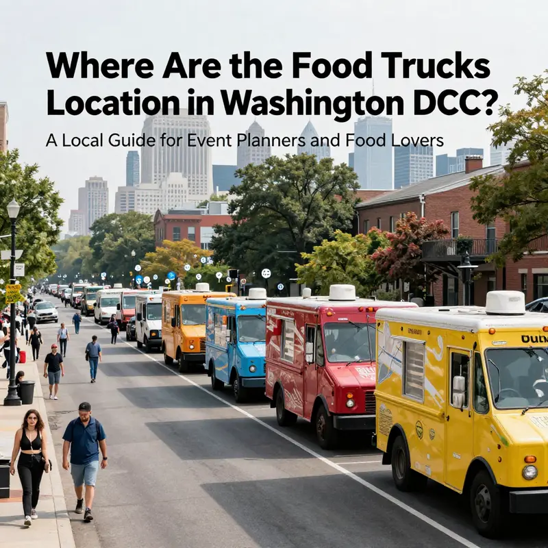 Aerial view-style street scene illustrating DC’s clustered food truck hubs across the city.