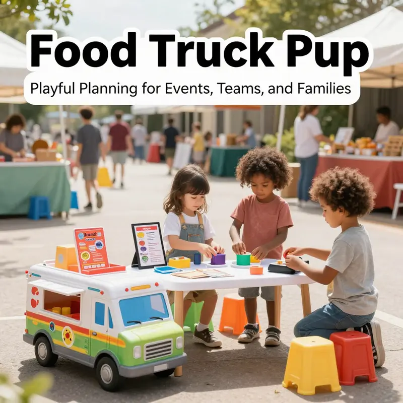 A vibrant pretend play space ready for food truck pup, with props organized for vendor and customer interactions.