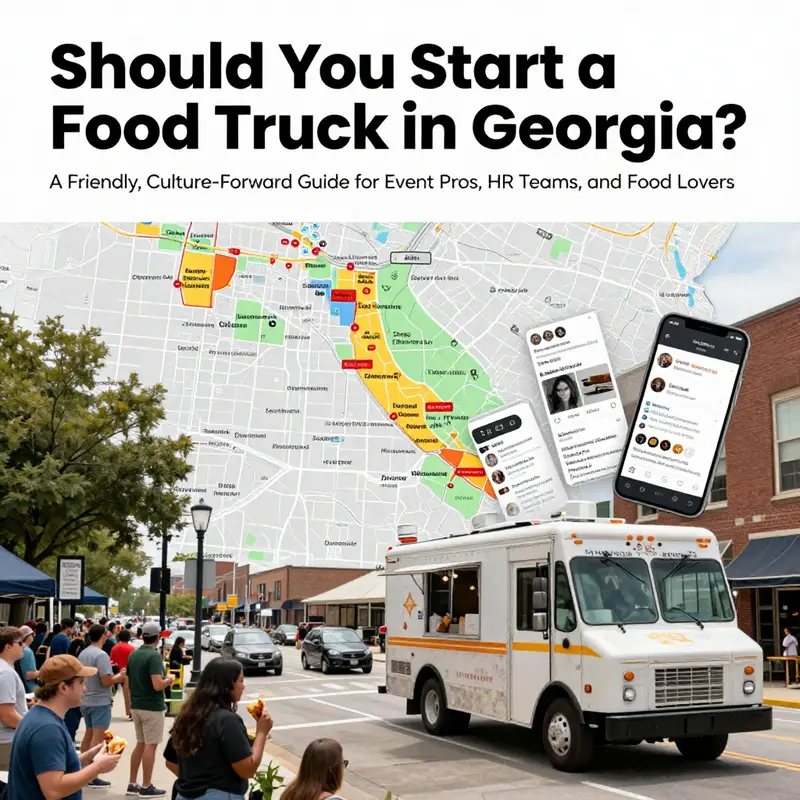 Regulatory steps and licensing essentials for Georgia’s food truck start-up, illustrated by a compliant owner and an approving inspector.