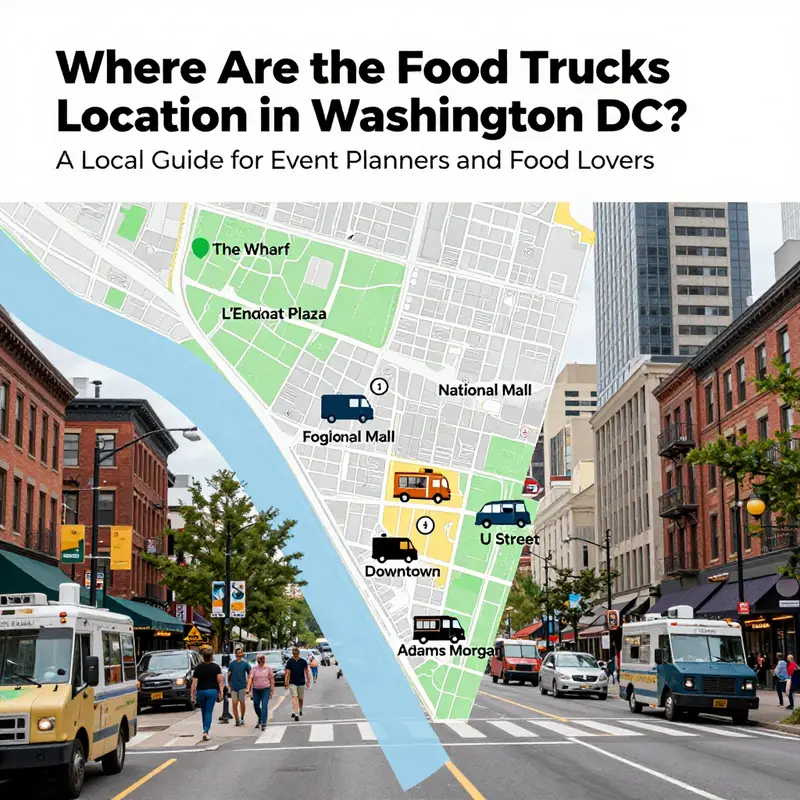 Aerial view-style street scene illustrating DC’s clustered food truck hubs across the city.