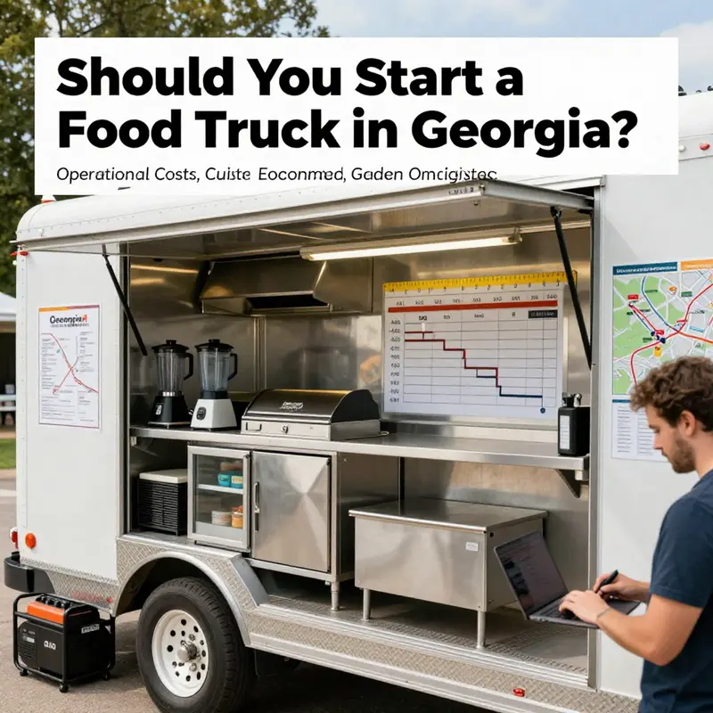 Regulatory steps and licensing essentials for Georgia’s food truck start-up, illustrated by a compliant owner and an approving inspector.