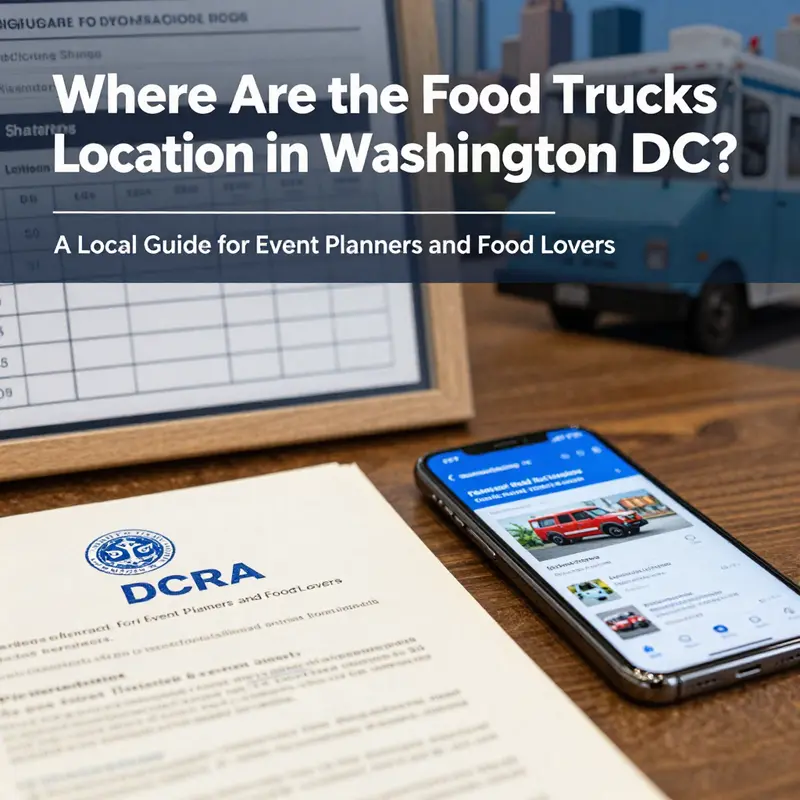 Aerial view-style street scene illustrating DC’s clustered food truck hubs across the city.
