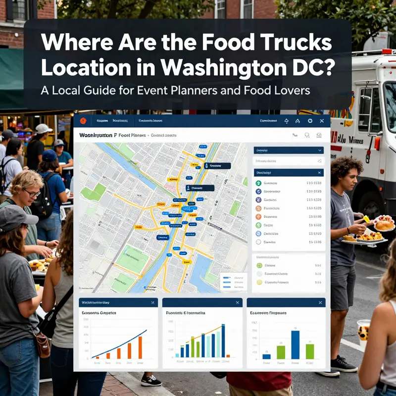 Aerial view-style street scene illustrating DC’s clustered food truck hubs across the city.