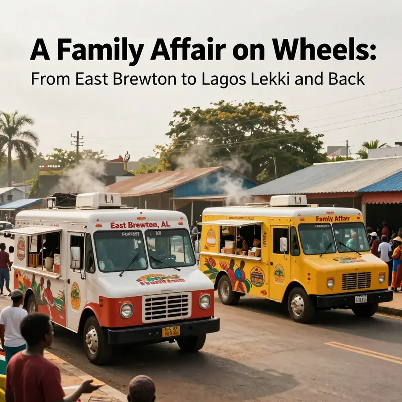 Cover image depicting A Family Affair Food Trucks in East Brewton and Lagos Lekki, symbolizing cross-regional food culture.
