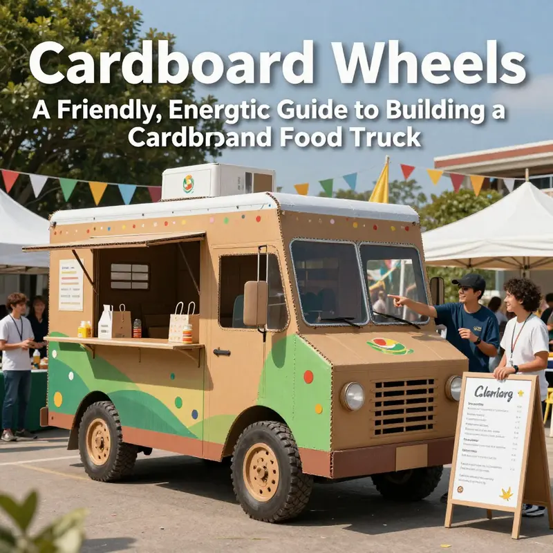 Photorealistic cover image of a cardboard food truck at an event with people engaging around it.