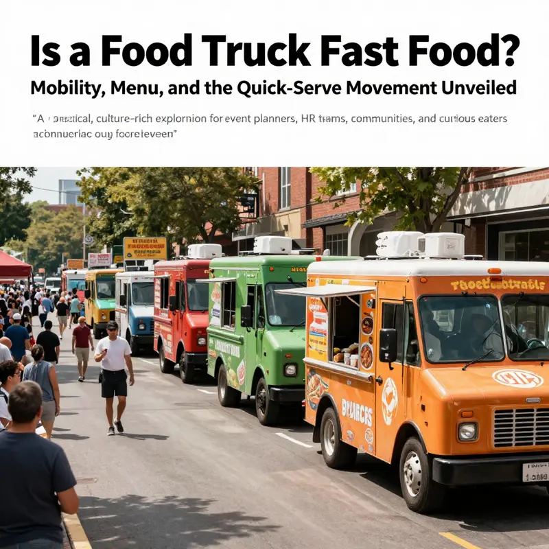 Bright urban street scene featuring multiple food trucks offering fast food to a crowd.