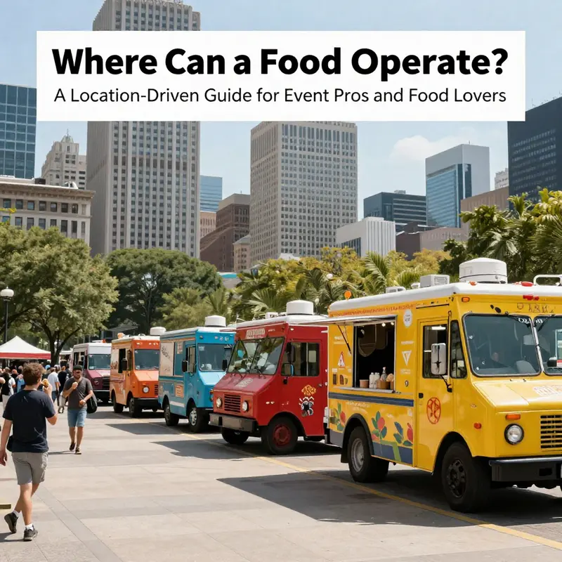 Row of vibrant food trucks in a lively city plaza, symbolizing varied operating locations.