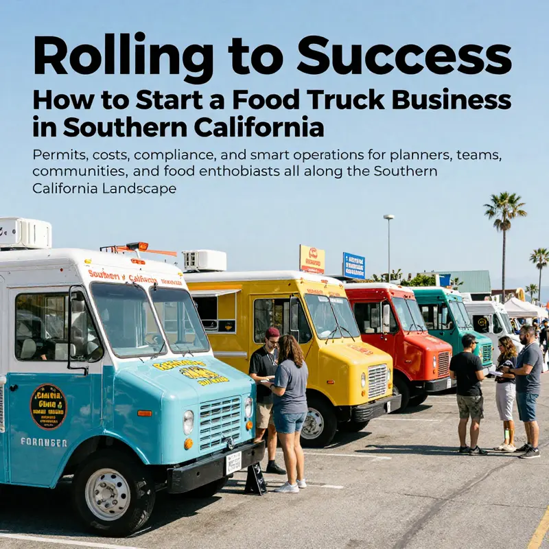 Photo-realistic cover image showing multiple food trucks at a sunny Southern California event.