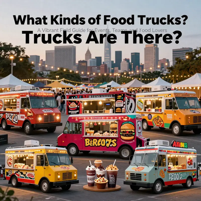Photo-realistic collage of diverse food trucks serving crowds at a lively city festival.
