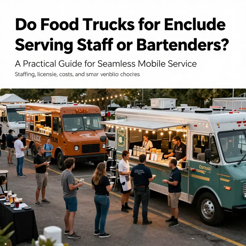 Wide, photo-realistic cover image of a lively event featuring staffed food trucks and beverage stations.