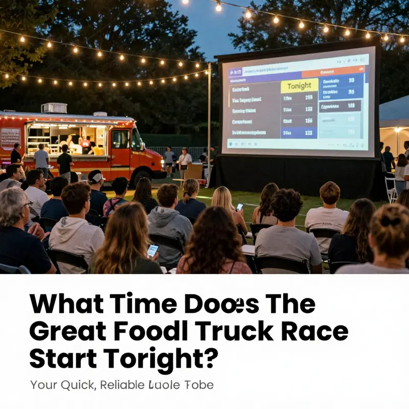 Outdoor viewing party with people checking devices and a big screen showing a food truck competition and a highlighted 'Tonight' schedule overlay.