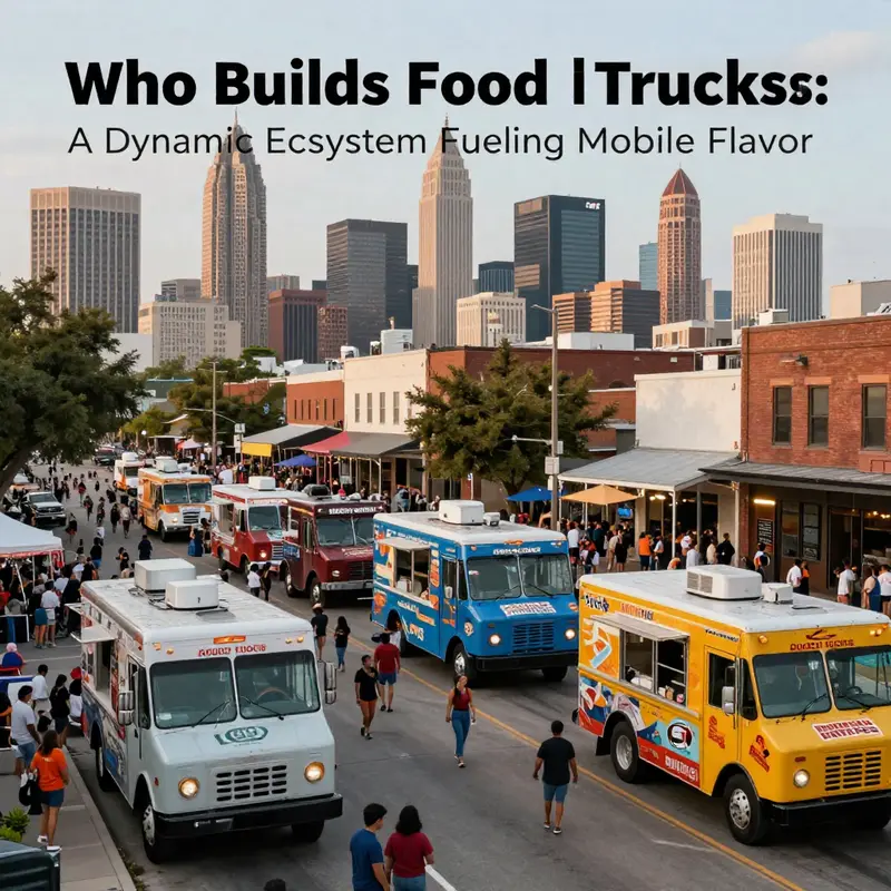 Crowded street with several food trucks serving diverse crowds against Houston skyline.
