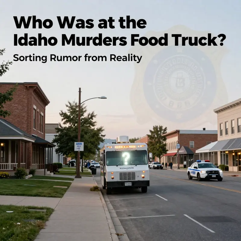 Idaho town street near a university with a food truck and police presence, illustrating the rumor-versus-fact dynamic of the Idaho murders case.
