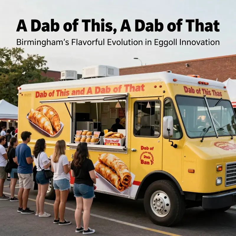 A bustling food truck in Birmingham serving diverse eggroll flavors to a cheering crowd.