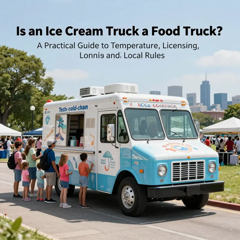 A cheerful ice cream truck serving at a sunny outdoor event with a cityscape backdrop.