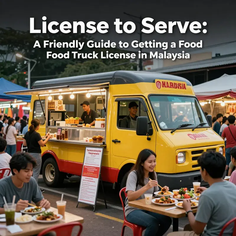 Colorful food truck serving customers at a busy market scene with license display visible