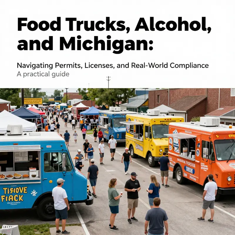 Energetic street festival in Michigan with food trucks and compliant beverage options.