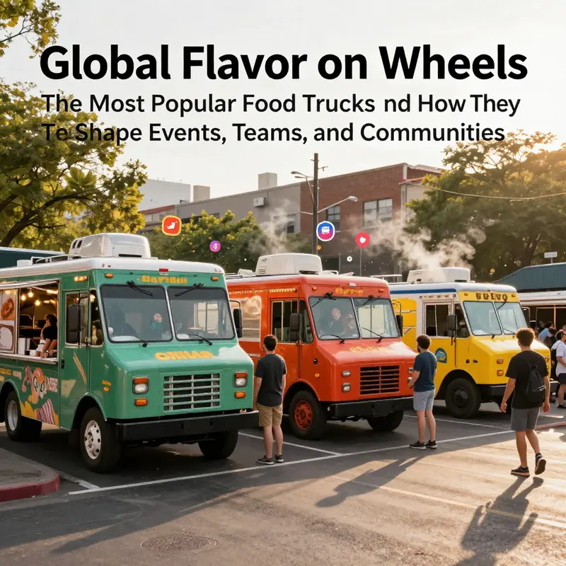 Street scene with multiple iconic food trucks and a diverse crowd during golden hour