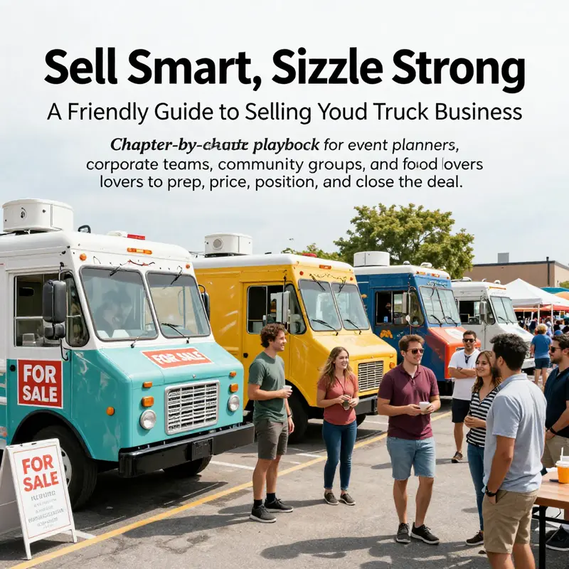 Colorful food trucks at a market with a FOR SALE sign, inviting buyers and sellers to a smooth transfer.