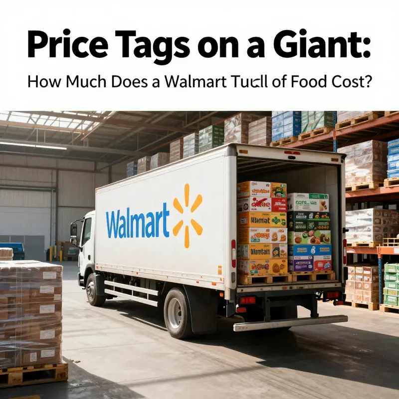 Photo-realistic image of a Walmart truck full of food at a distribution center, illustrating large-scale logistics and cost considerations.