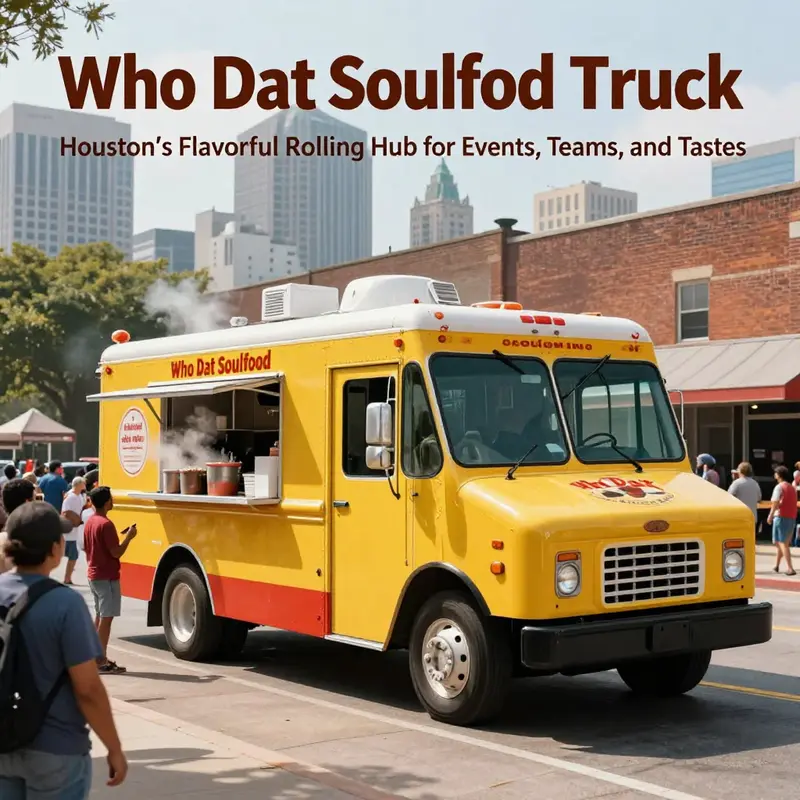 A colorful soul food truck on a bustling Houston street with people queued and the skyline in the background.