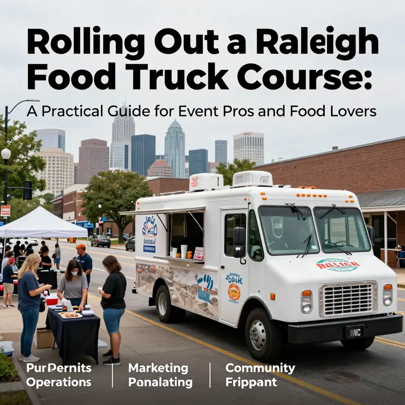 Photo-realistic cover image of a Raleigh food truck course in action with participants learning beside the truck and the city skyline.