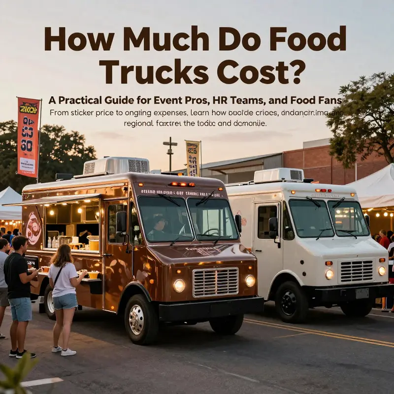Photo-realistic cover image of a new and a used food truck at a festival, highlighting cost considerations.