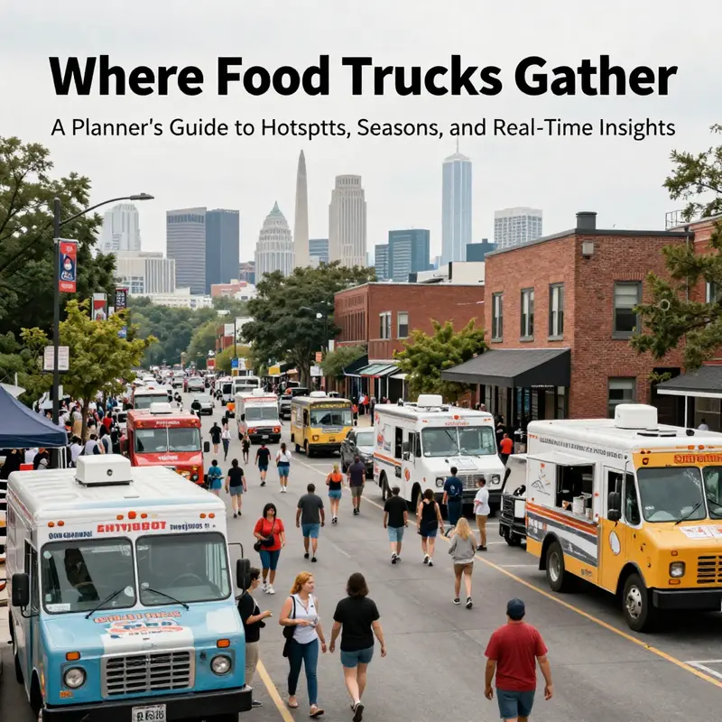 A wide DC street scene with several food trucks, crowds, and city landmarks in the background.