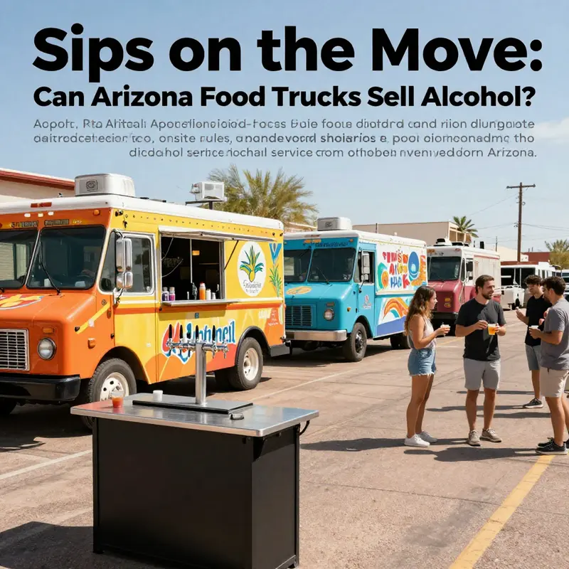 Colorful street scene in Arizona with multiple food trucks and a small bar serving alcohol to guests.